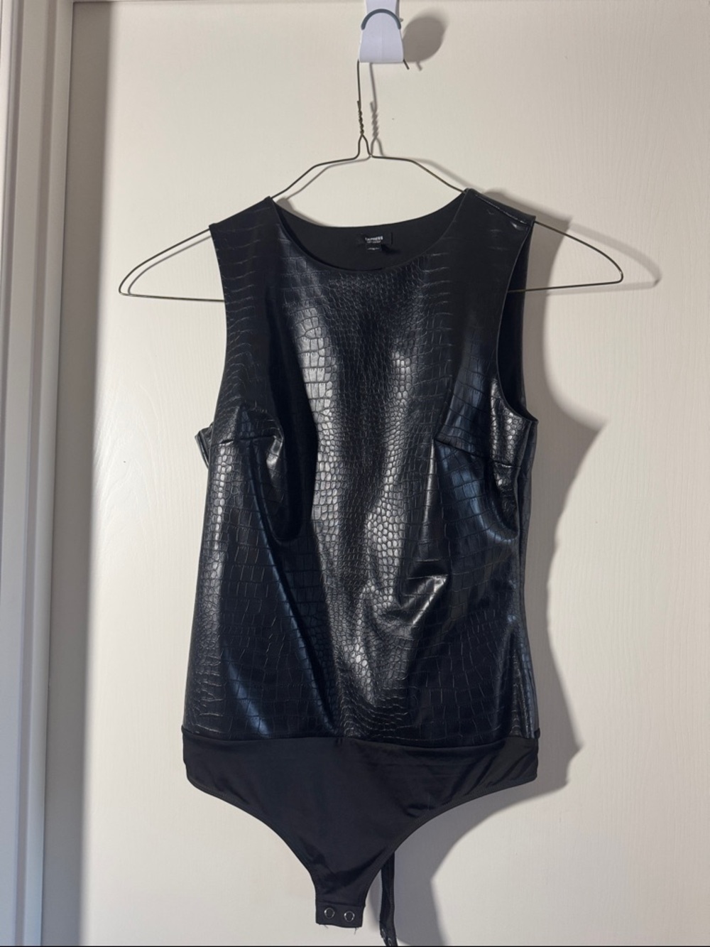 Express Black Faux Croc Sleeveless Bodysuit with Snap Closure